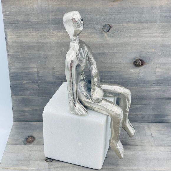 Modern Style Statue of Silver Metal Seated Human Figure Upon Marble Cube Bookend - Picture 4 of 11